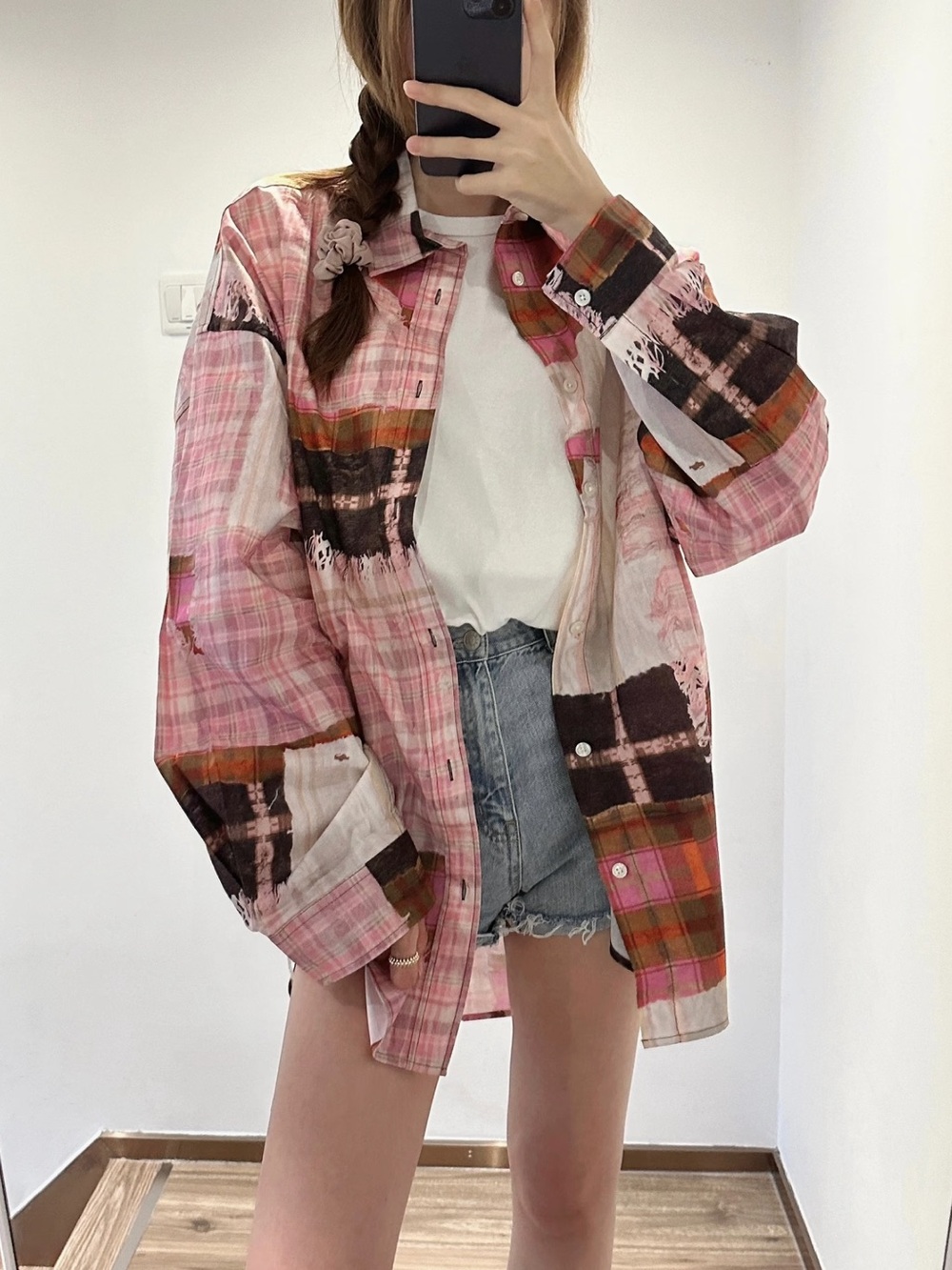 Boutique Oversized Pink Plaid Patchwork Button-Up Shirt